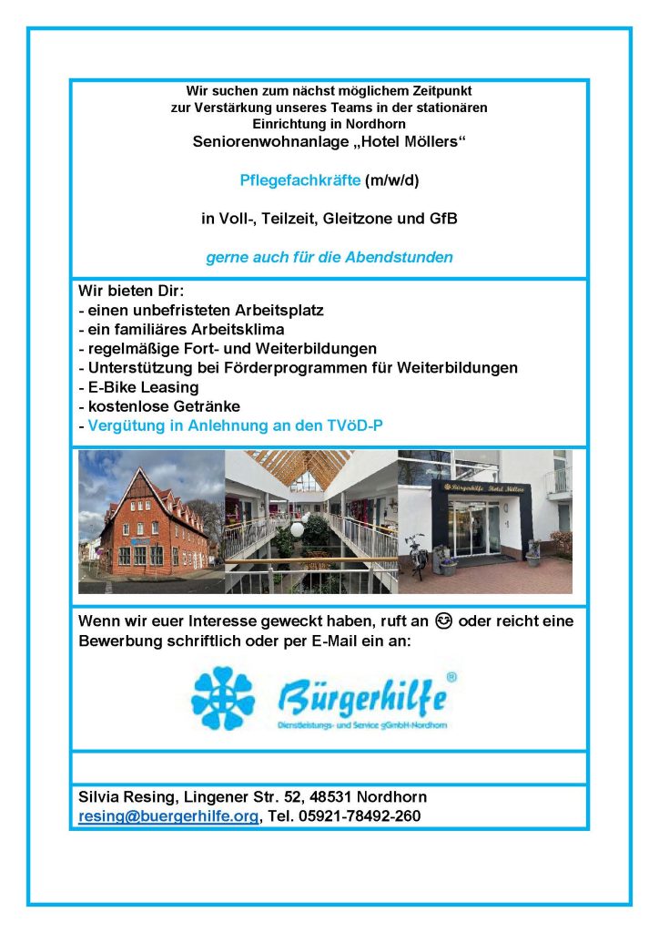 Pflegefachkräfte, Seniorenwohnanlage 'Hotel Möllers, Nordhorn