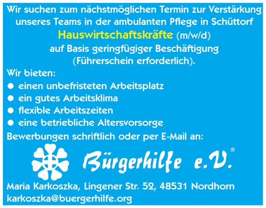 Hauswirtschaftskräfte, ambulanter Pflegedienst, Schüttorf