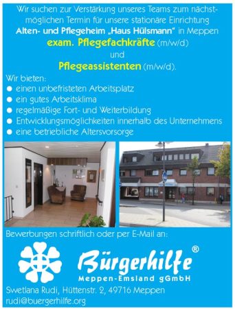 exam. Pflegefachkräfte,, Pflegeassistenten, Alten- und Pflegeheim "Haus Hülsmann", Meppen