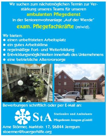 exam. Pflegefachkräfte. Senioreenwohnanlage "Auf der Wierde", Jemgum
