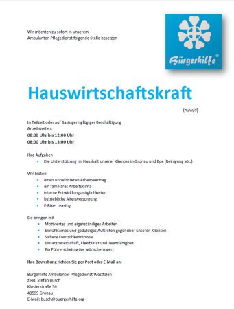 Hauswirtschaftskraft, Ambulanter Pflegedienst Westfalen, Gronau