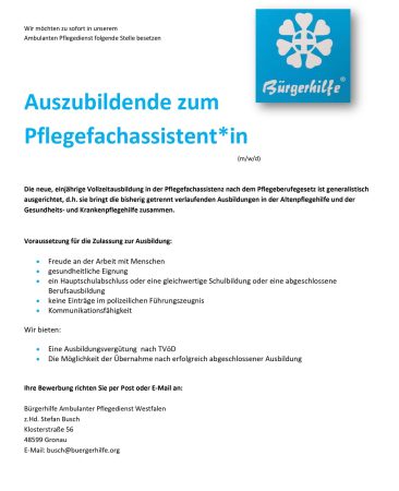 Auszubildende zum Pflegefachassistenten, Ambulanter Pflegedienst Westfalen, Gronau